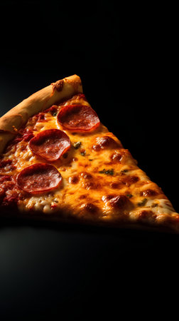 Pizza with salami and cheese on a black background. Restaurantの素材