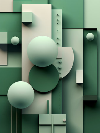 3d render, abstract geometric background, square and circle shapes in green colorsの素材