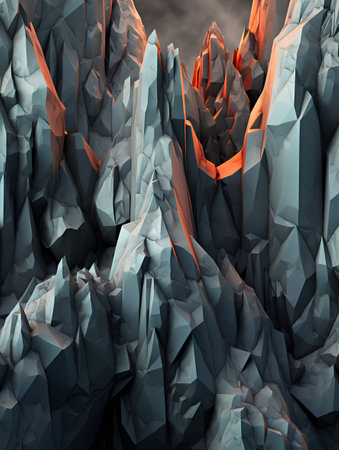 Abstract 3d rendering of blue and orange rocks in low poly styleの素材
