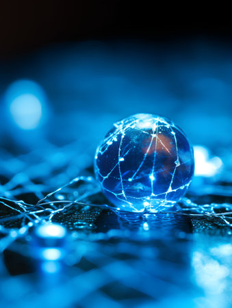 Glowing blue crystal ball on a dark background. 3d renderingの素材