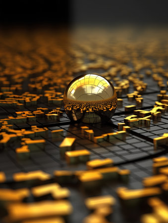 Golden sphere on abstract background. 3D illustration. Golden sphere.の素材