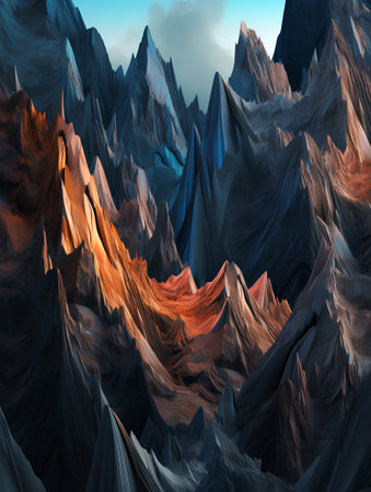 Fractal 3d illustration of mountains landscape. Abstract background.の素材