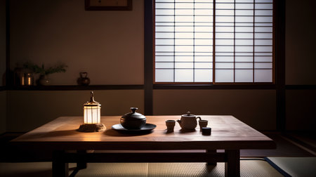 Traditional japanese tea set on a wooden table in a room