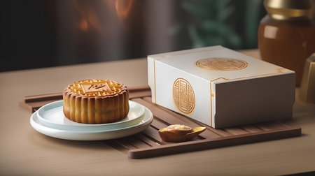 Mooncake and tea set on a wooden table, 3d renderの素材