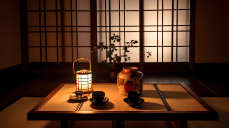 Japanese tea ceremony in a japanese room. 3D rendering.の素材