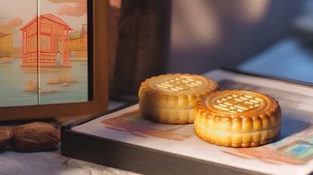 Moon cakes and a book on the table in the morning light.の素材