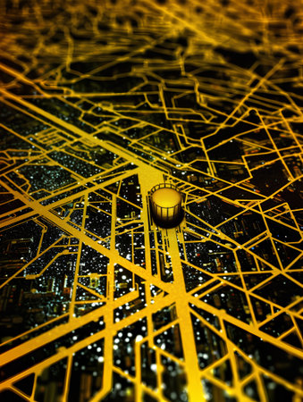 Circuit board on a city map background. 3d illustration.の素材