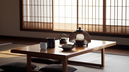 Tea set on the table in a Japanese-style room. 3d renderingの素材