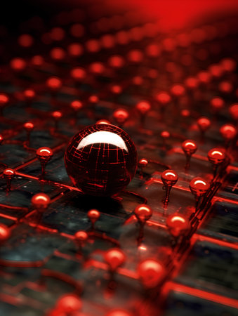 3D illustration of a globe on a circuit board with red lightの素材