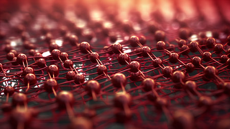 3d rendering of molecule structure in red background. Concept of science and technology.の素材