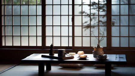 Japanese tea set on a wooden table in front of a window.の素材