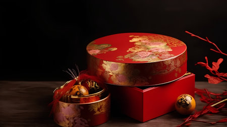 easter eggs in a red box on a wooden table with a black backgroundの素材