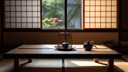 Japanese style room with traditional japanese furniture, tea set and window.の素材