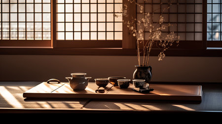 Japanese tea ceremony in traditional japanese room with teapot and cupsの素材