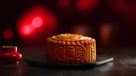 Moon cake for Mid-Autumn Festival on wooden table with bokeh background.の素材