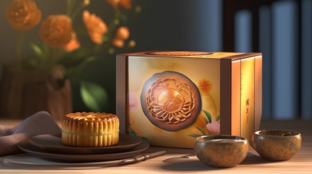 Moon cake and tea on table in dark room. 3d renderの素材