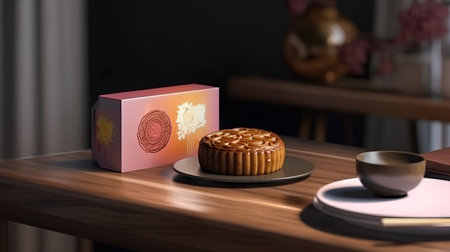 Cup of coffee and cake on wooden table, 3d renderの素材