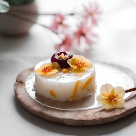 Cheesecake with cherry and nasturtium flowers, selective focusの素材