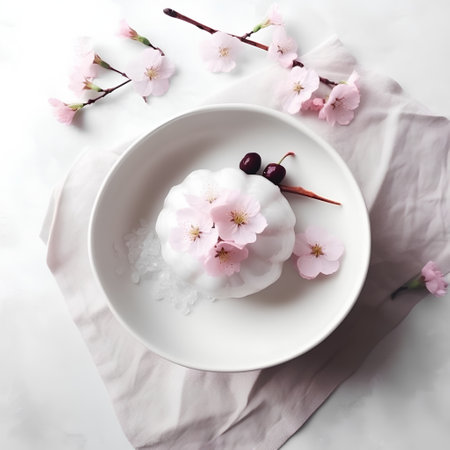 Cake with cherry blossoms on a white plate, top viewの素材