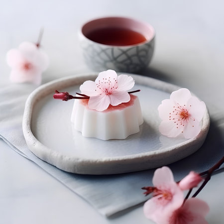 Panna cotta with cherry blossoms and a cup of teaの素材