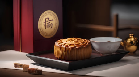 Mid-Autumn Festival moon cake with chinese wording on backgroundの素材