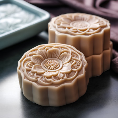 Close up of handmade soap bars on a black background. Selective focus.の素材