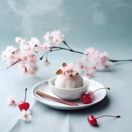Scoop of ice cream with cherry blossoms on blue backgroundの素材