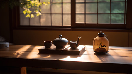 Tea set on a wooden table in a Japanese tea house. Selective focus.の素材