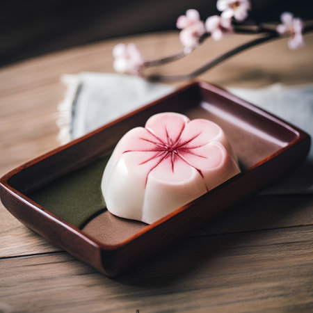 Japanese confectionery on wooden table, closeup. Traditional japanese dessertの素材