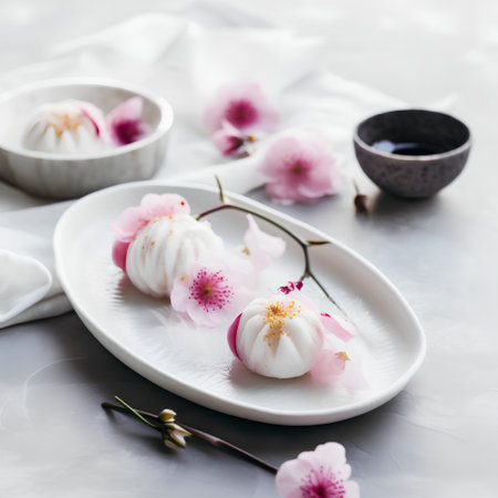 Japanese dessert - mochi with sakura flowers on white backgroundの素材