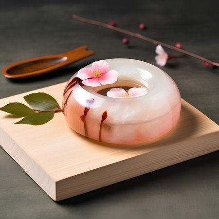Japanese tea ceremony in a glass bowl with a flower on a wooden boardの素材