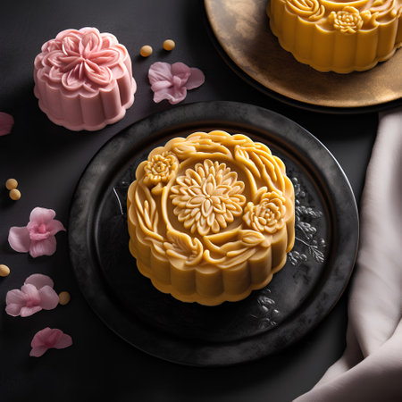 Traditional Chinese cake in a black plate on a black background with pink flowersの素材