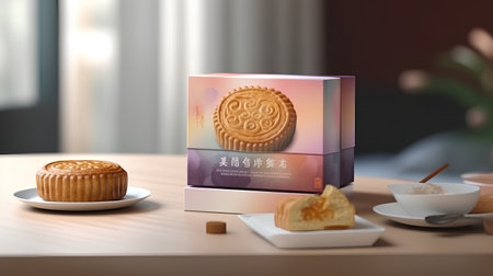 Chinese moon cake on the table in the dining room, 3d renderの素材