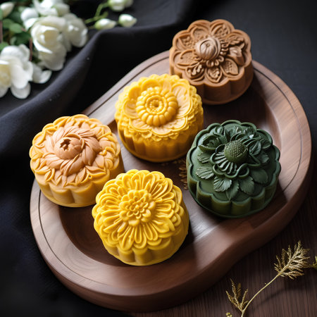 Moon cakes on a wooden plate with flowers on a black background.の素材