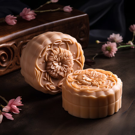 Handmade soap with flowers on a dark background. Selective focus.の素材