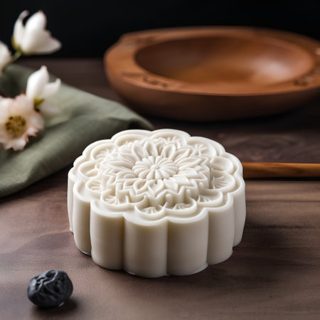 Traditional Chinese moon cake on wooden background, copy space for text.の素材