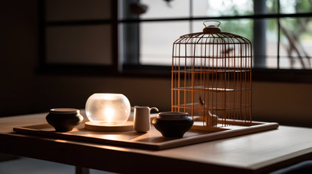 Cup of tea with candle and bird cage on wooden table.の素材