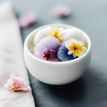 Mochi japanese dessert with flowers in white bowl, selective focusの素材