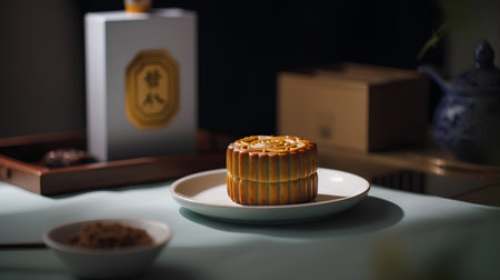 Moon cake on a plate. Chinese mid-autumn festival.の素材
