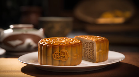 Moon cakes for Mid Autumn Festival on a plate with tea pot backgroundの素材