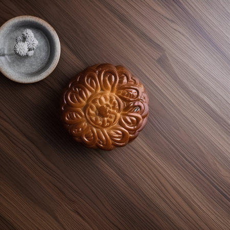 Moon cakes on a wooden table. Top view with copy space.の素材