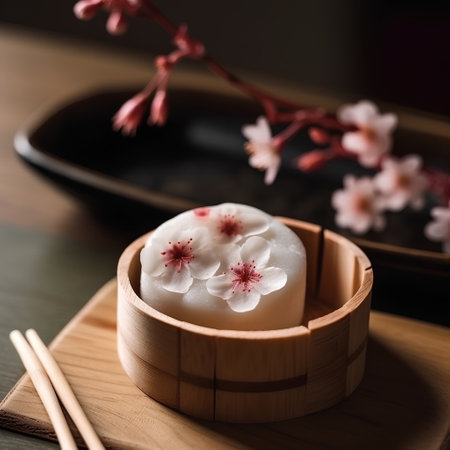 sushi in bamboo steamer and cherry blossom on wooden tableの素材