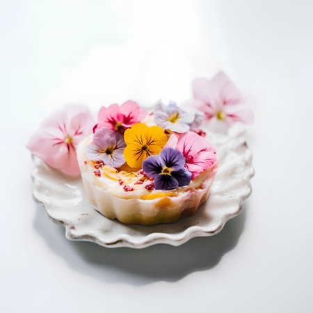 Tart with butter cream and pansy flowers on a white backgroundの素材