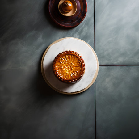 Moon cake on a marble plate. Top view. Copy space.の素材