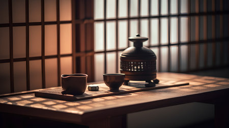 Japanese tea set on a wooden table in a Japanese house. Selective focus.の素材