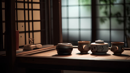 Japanese tea set on a wooden table in a japanese roomの素材