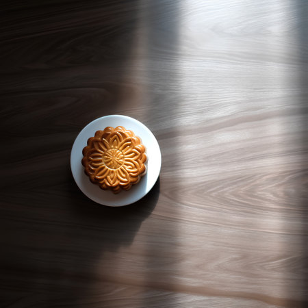 Mooncake on a white plate on a wooden background. Copy space.の素材