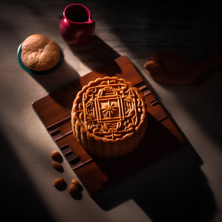 Moon cakes for Mid-Autumn Festival on dark background with copy space.の素材