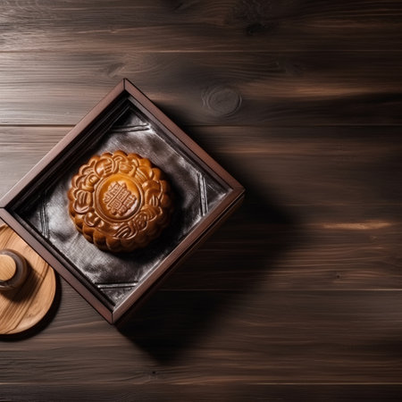 Moon cake with wax seal on wooden background. Top view with copy spaceの素材
