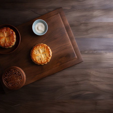 Moon cakes on wooden table. Top view. Copy space for your text.の素材